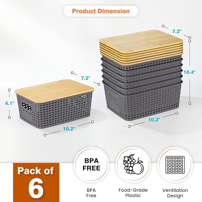 Plastic Storage Baskets With Bamboo Lid - Plastic Storage Containers Stackable Storage bins: Storage Baskets for Organizing S
