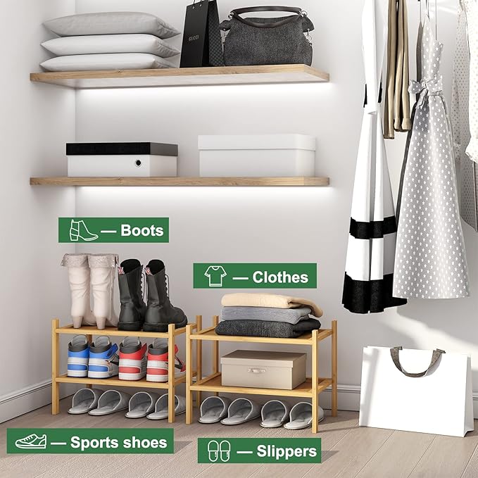 kiplant Small Shoe Rack, 2-Tier Bamboo Wood Shoe Rack for Entryway, Stackable Shoe Organizer for Hallway Closet, Free Standin
