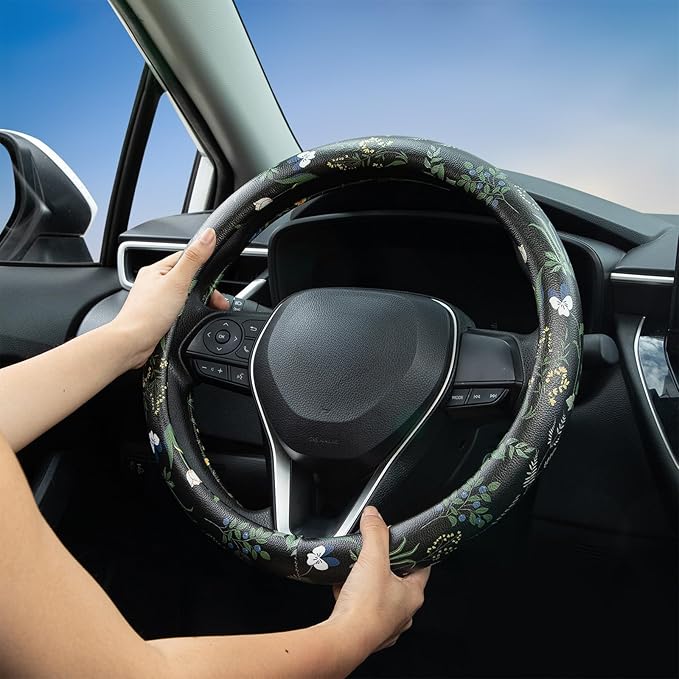 Boho Floral Steering Wheel Cover Auto Leather Steering Wheel Protector, Anti-Slip, Breathable, Absorbing Sweat, Universal Flo