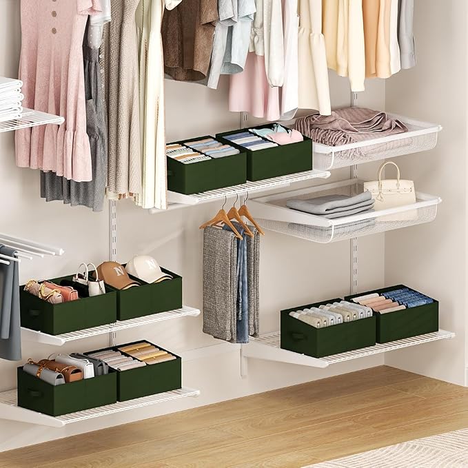 DIMJ Large Closet Shelf Organizer Bins 4 Packs with Handles and Divider, Fabric Trapezoid Storage Baskets, Foldable Clothes C