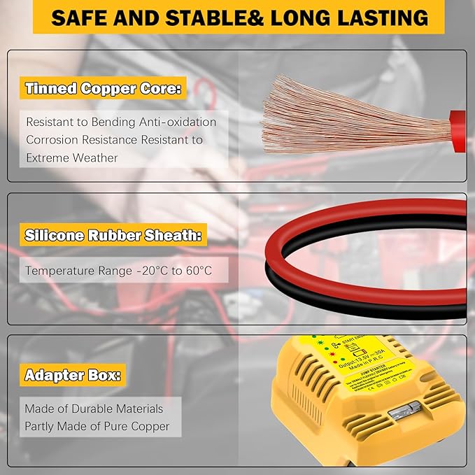 Car Jump Starter Adapter for Dewalt 20V/60V MAX - 11AWG Heavy Duty Booster Cable for 3.5L Vehicles (Battery Not Included)