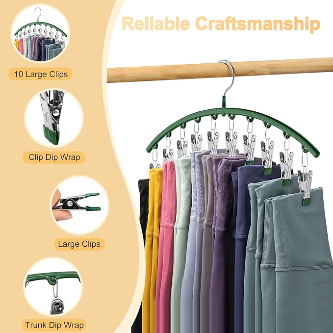 Legging Organizer for Closet, Metal Yoga Pants Hangers 2 Pack w/10 Clips Holds 20 Leggings, Space Saving Hanging Closet Organ