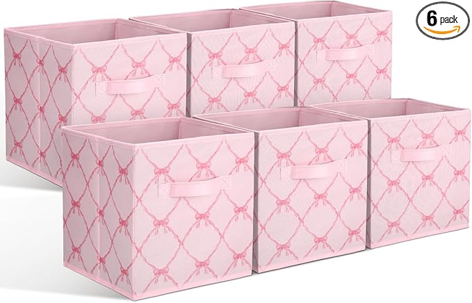 Geelin 6 Pcs Light Pink Bow Cube Storage Bins 11 Inch Storage Basket with Handle, Preppy Girls Organizer Basket, Collapsible 
