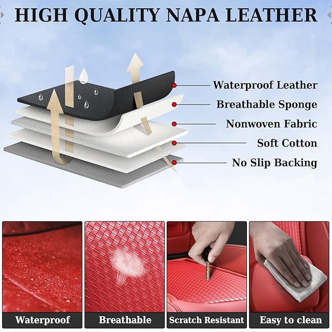 Coverado Seat Covers, Car Seat Covers Front Seats, Waterproof Nappa Leather Auto Seat Cover with Lumbar Head Pillow, Red Seat