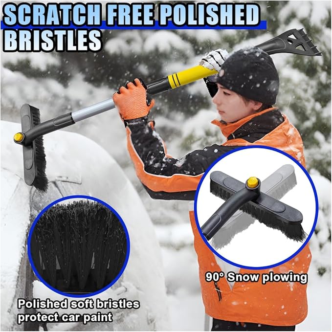31.5" Detachable Snow Brush and Ice Scraper for Car Windshield, 2-in-1 Winter Snow Removal Tool with Extendable, 360° Rotating Soft Bristle Brush Head and Foam Grip for Most Vehicles (Yellow)