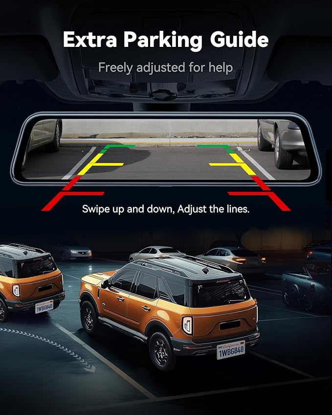 WOLFBOX G840S 12" 4K Mirror Dash Cam Backup Camera, 5.8GHz WiFi Smart Rearview Mirror for Cars & Trucks, Front and Rear View 