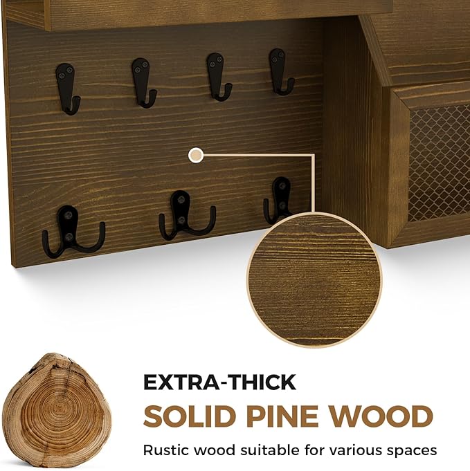 LubanNese Key Holder Wall Mount Pine Wood 16 X 8 Mail Organizer Key Rack for Wall with Hooks and Shelf, Rustic Wooden Key Han