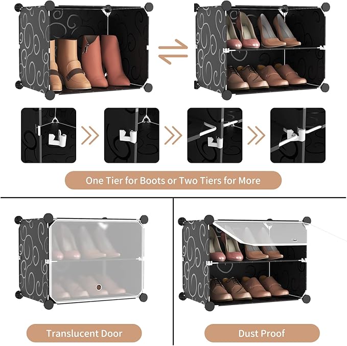ROJASOP 6-Tier 24-Pair Expandable Shoe Rack Organizer with 2 Hooks, Black