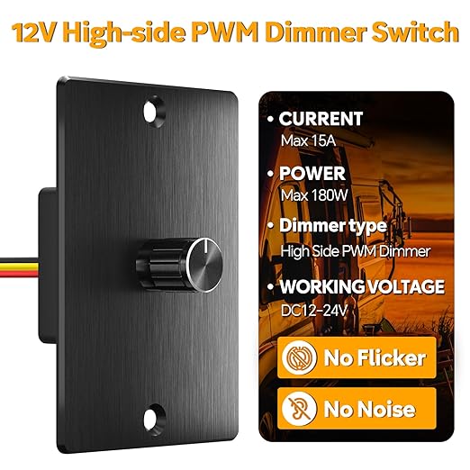 12 Volt PWM LED Dimmer Switch 15A 180W, Push On/Off, Rotary Knob Dimming,12V/24V Light Dimmer for RV Boat Truck Camper Van Trailer Light Fixture, LED Strip Lights (High Side, Black Panel)
