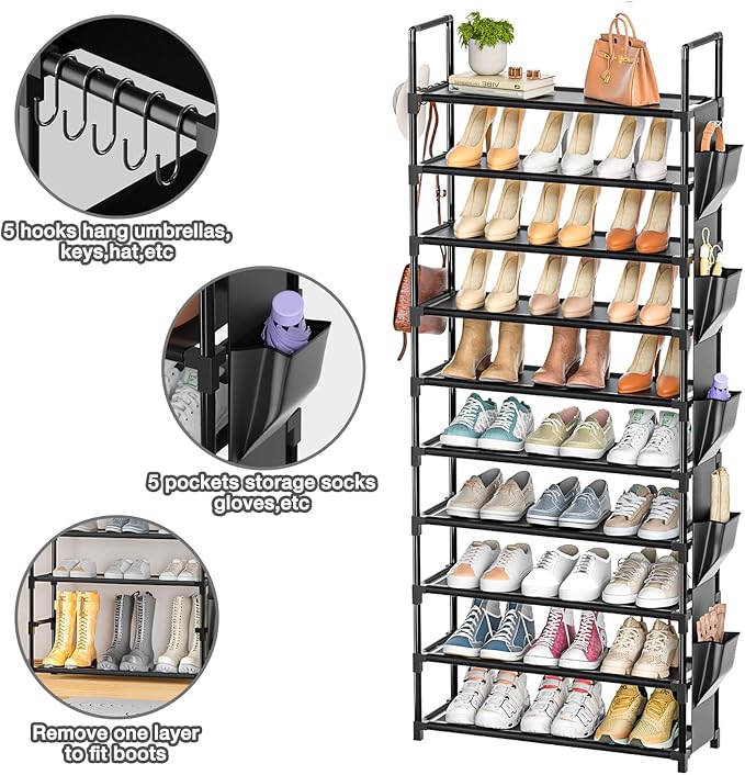 LUKYTOWER Tall Shoe Rack - 10 Tier Shoe Organizer with Metal Shelf, 5 Hooks, Pocket & Sturdy Stand for Closet Shoes