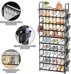 LUKYTOWER Tall Shoe Rack - 10 Tier Shoe Organizer with Metal Shelf, 5 Hooks, Pocket & Sturdy Stand for Closet Shoes