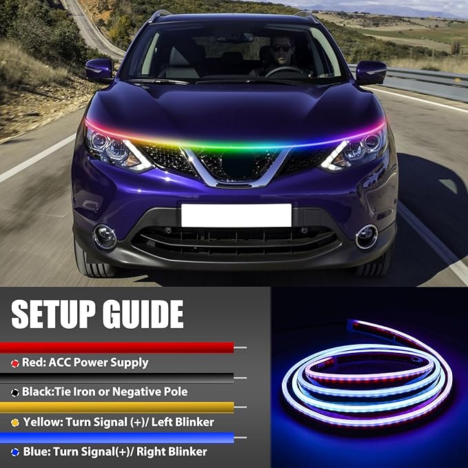 Car Led Lights Exterior RGB Hood Light Strip IP68 Waterproof Multicolor Dynamic Scan Start Up Hoodbeam Kit Compatible with Chevy Silverado 1500 2500,Truck,SUV,APP Control,12V 71inches