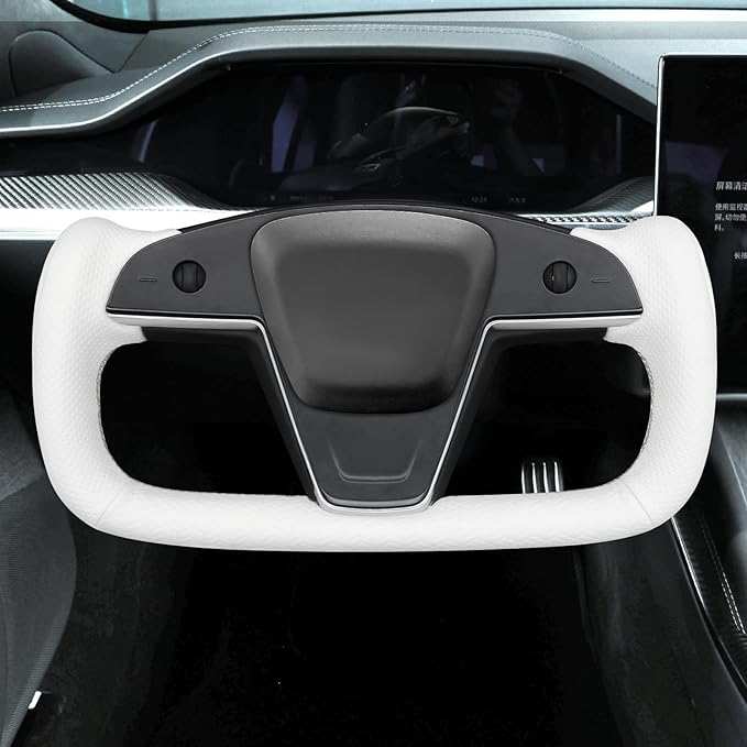 MEWANT Hand Stitched White Leather Tesla Model S Yoke Steering Wheel Cover Wrap for Tesla Model S 2021-2023 / Model X 2021-2023 Tesla Yoke Steering Wheel Accessories