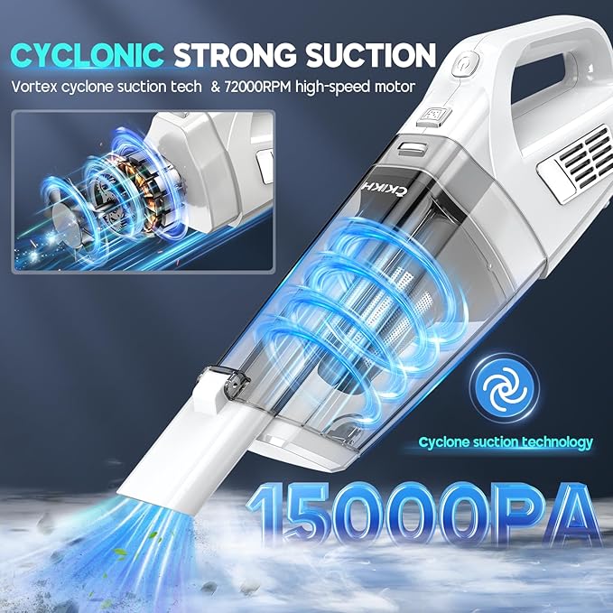 Handheld Vacuum Cordless, 15000PA Strong Suction Hand Held Car Vacuum Cleaner Portable with Multi-Nozzles & Washable Filter, 