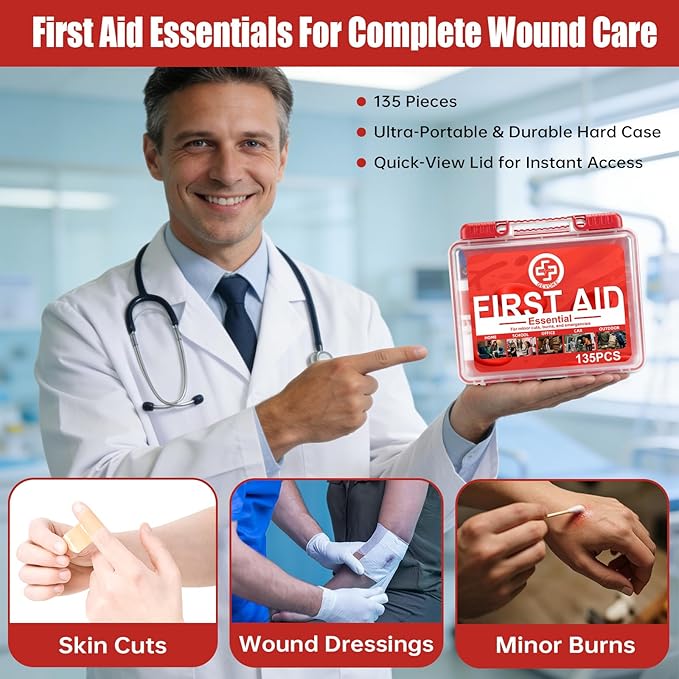 Mini First Aid Kit - 135 Piece HardCase First Aid Box for Home, Car, Travel, Camping, Hiking, Truck, Sports, Office, Vehicle 