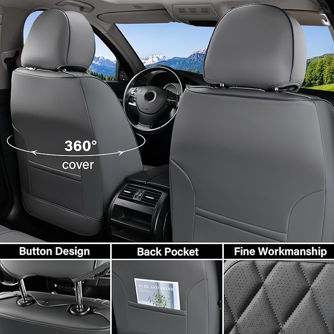 Coverado Car Seat Covers Full Set, Luxury Faux Leather Seat Covers for Cars, Waterproof Car Seat Protector, Gray Car Seat Cov