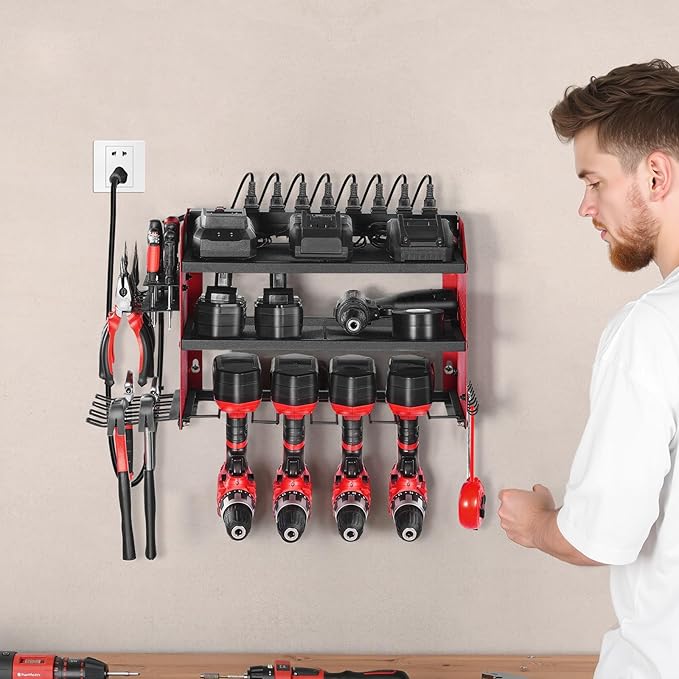 VEVOR Power Tool Organizer with Charging Station, 3-Layer Drill Storage Rack with 4 Drill Holders & Side Pegboard, Garage Too