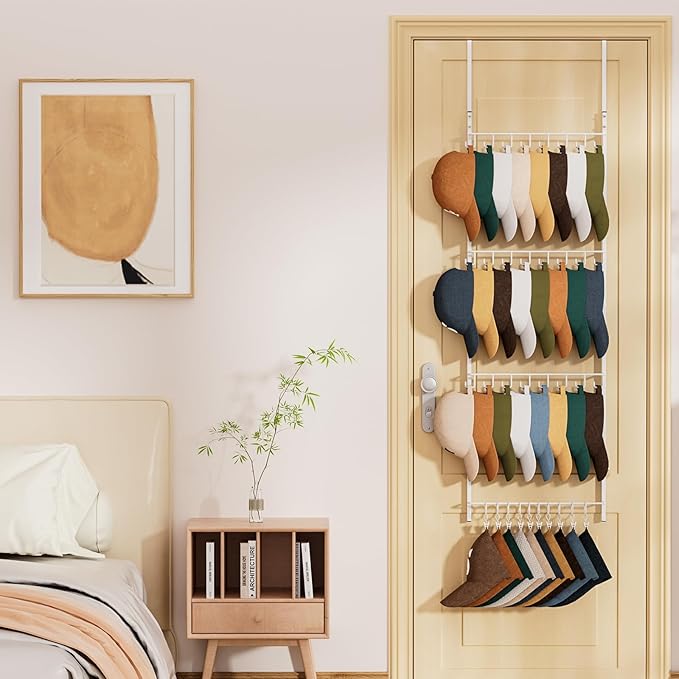 HapiRm Over Door Hat Organizer - 4 Tier Wall Mounted Hat Rack with 24 Hooks and 10 Movable Clips, Hanging Baseball Cap Organi