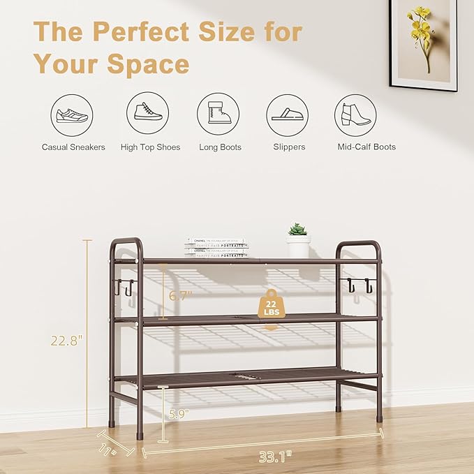 VILICK 3 Tier Shoe Rack 33" Wide Metal Shoe Organizer Long Shoe Storage with 4 Side Hooks Sturdy Shoes Shelf for Front Door E