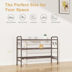 VILICK 3 Tier Shoe Rack 33" Wide Metal Shoe Organizer Long Shoe Storage with 4 Side Hooks Sturdy Shoes Shelf for Front Door E