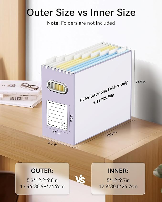 Oterri File Organizer Box, Portable Collapsible Cardboard File Folder Organizer with Handle for Letter Size Hanging Files, Do