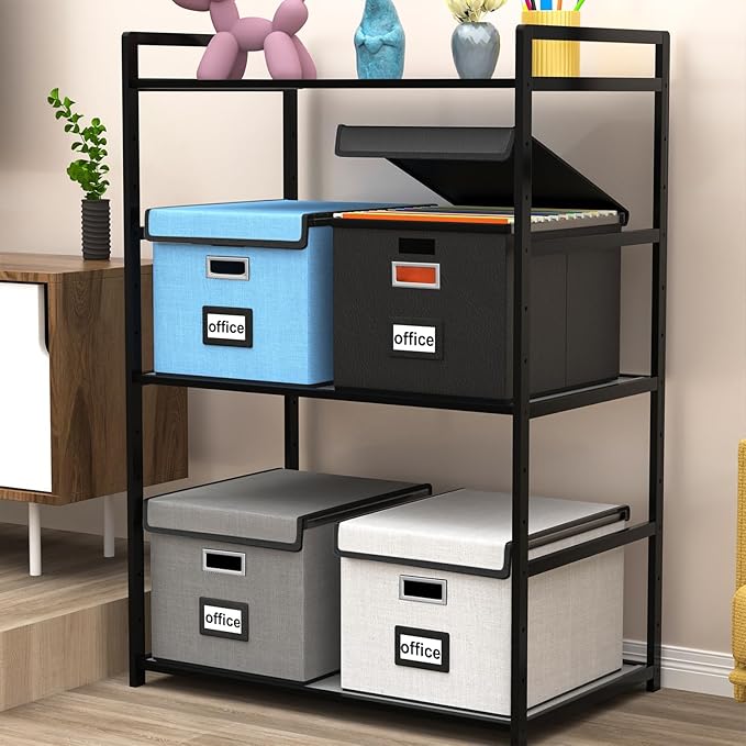 Huolewa File Organizer Box with Lid, Collapsible Faux Leather Hanging File Folder Box Organizer with Plastic Slides, Decorati