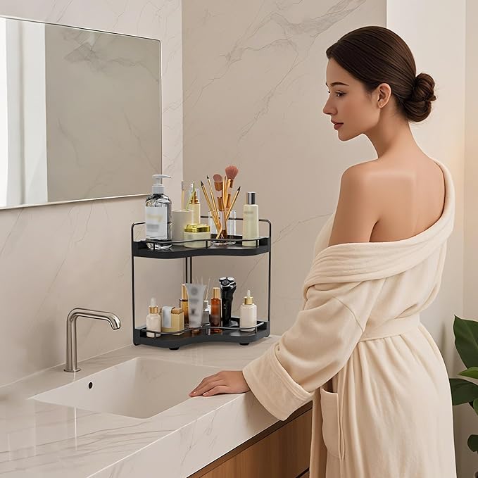 2-Tier Corner Bathroom Counter Organizer with Embedded Screw Holes, Secure & Stable Wood Vanity Shelf for Makeup and Skincare