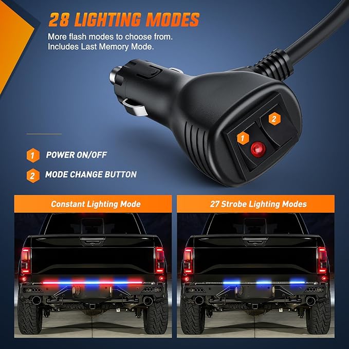 Nilight 60 Inch Truck Tailgate Strobe Light Strip Tail Emergency Bar Rear Window Warning Lamp Ultra-Bright Double Row 360 LED for Pickup Trailers Construction Vehicles Car SUV, Red Blue