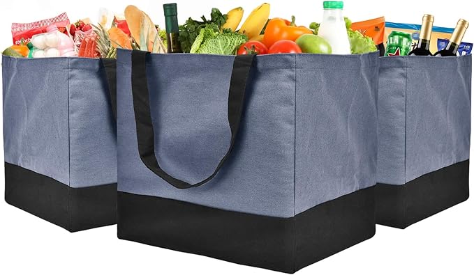 Canvas Reusable Grocery Bags Heavy Duty, 8.3 gal Foldable Large Tote Bag with Handles, Holds 60 lbs Canvas Shopping Bags, 3 Pack