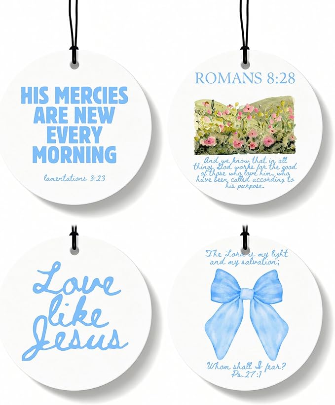 Blue Christian Round Car Air Freshener 4 Pcs, Coquette Blue Bow Bible Verse Religious Hanging Air Freshener for Cars Closet D