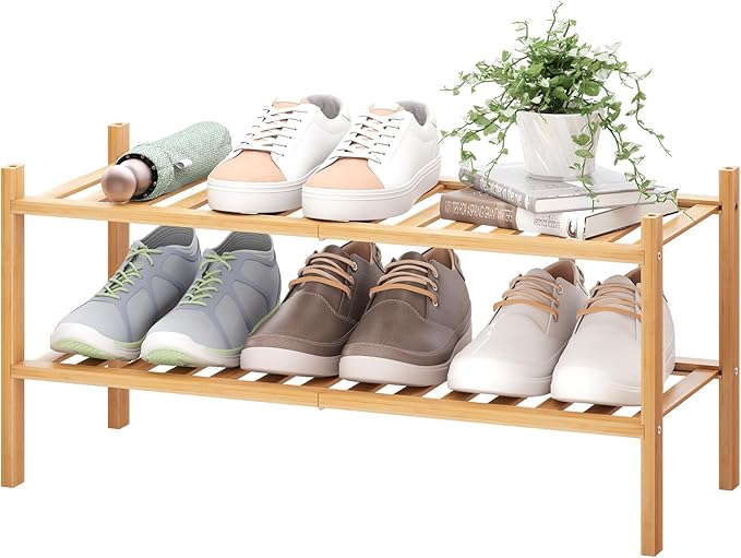 BMOSU 2-Tier Bamboo Shoe Rack Premium Stackable Shoe Shelf Storage Organizer for Hallway Closet Living Room Entryway Organize