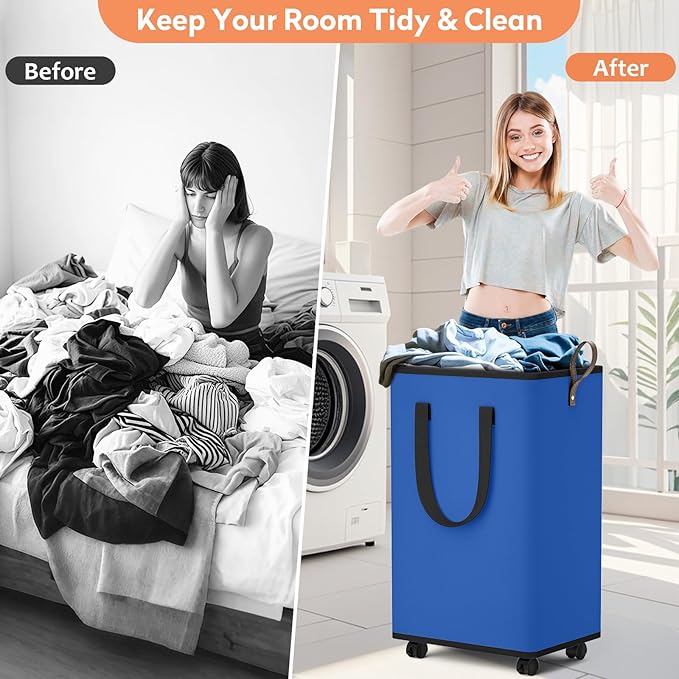 SpaceTrove Laundry Basket with Wheels, Collapsible Laundry Baskets, Laundry Hamper with Handles Detachable Wheels, Rolling La