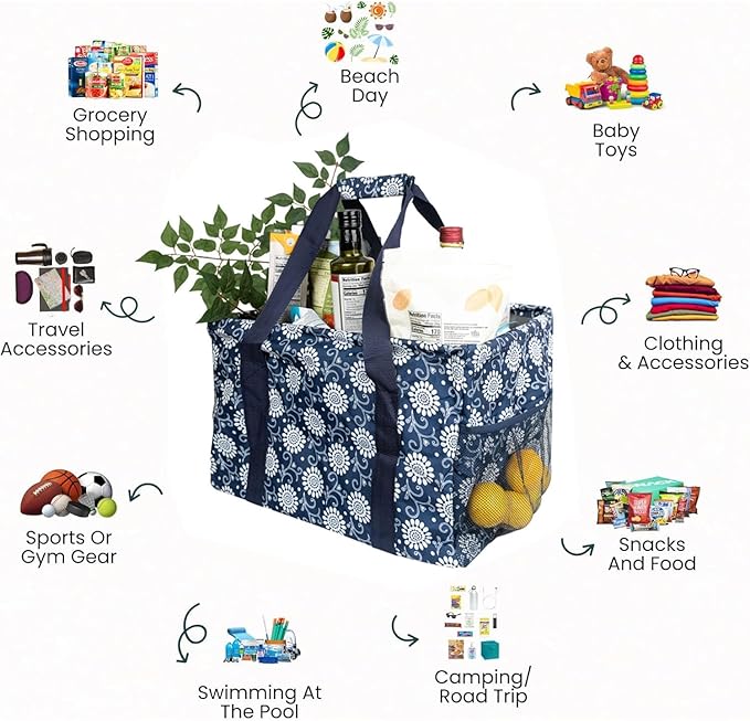 Extra Large Utility Tote Bag - Oversized Collapsible Tote with Wire Frame, Durable Reusable for Beach, Groceries, Laundry, Car Trunk, Storage and Travel - includes 5x7 Bag with Hook - Navy Floral