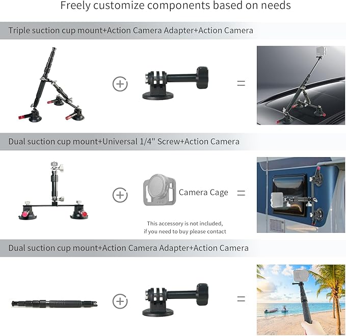 FIFIELD Triple Suction Cup Car Mount Kit with 2in1 Selfie Stick, CNC Machined Quick Release Adjustable Extension Mount for Windshield Dashboard Hood, Compatible with GoPro Insta360 DJI Action Cameras