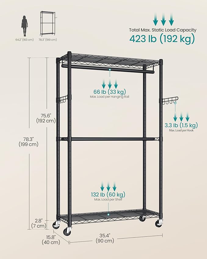 SONGMICS Heavy-Duty Rolling Clothes Rack, Garment Rack, Portable Closet on Wheels, with Adjustable Mesh Shelves and Hanging R