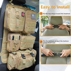 tactical car seat back organizer and storage truck seat covers with a Molle Vehicle Panel and 5 Different Size Molle Pouches for most models such as Jeep,SUV,Pickup(Khaki)