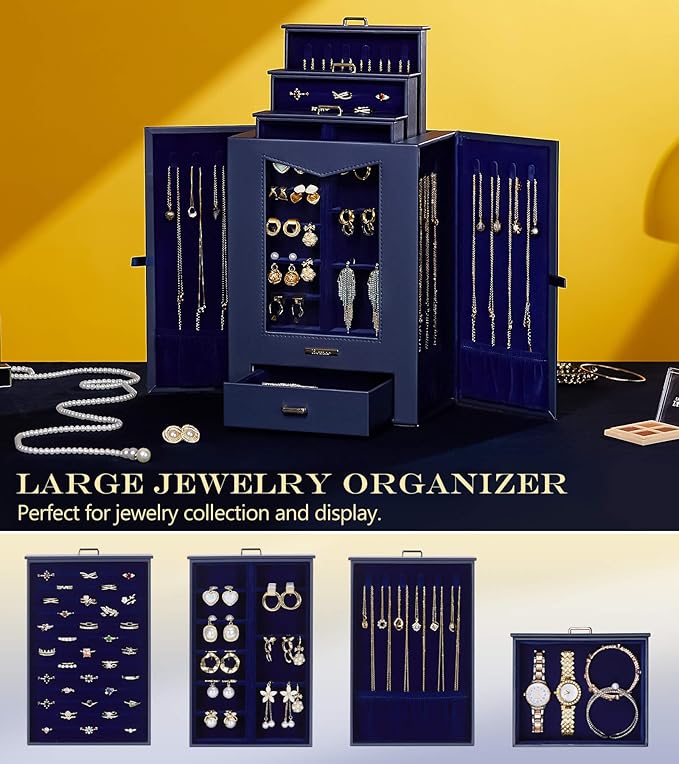 Homde Jewelry Organizer with Transparent Window Necklace Hooks Gift for Women Jewelry Box Display Case for Necklaces Rings Ea
