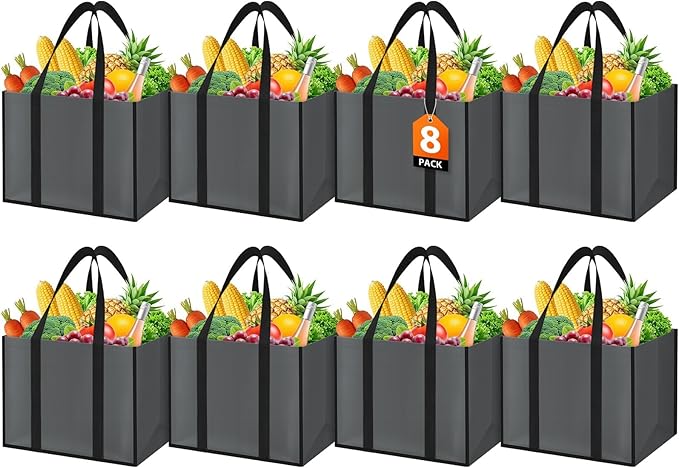 WISELIFE Reusable Grocery Bags with Handles - 8 Pack, 35L Large Shopping Bags for Groceries, Water-Resistant & Foldable Grocery Totes for Lasting Use for Kitchen, Market, Car Trunk, Picnic (Gray)