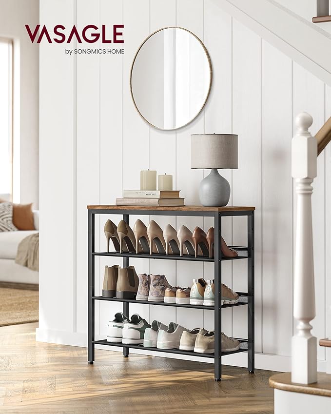 VASAGLE Shoe Rack for Entryway, 4-Tier Shoe Rack Organizer with Storage Shelves and Spacious Top, Freestanding, Adjustable, I