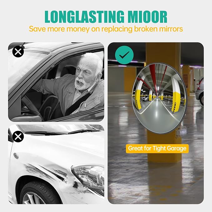 12" Convex Traffic Mirror for Outdoor & Indoor Use – Wide Angle 180° Curved Safety Mirror with Adjustable Mounting Bracket, Ideal for Driveway, Garage, Parking Lot, Warehouse & Blind Spot Monitoring