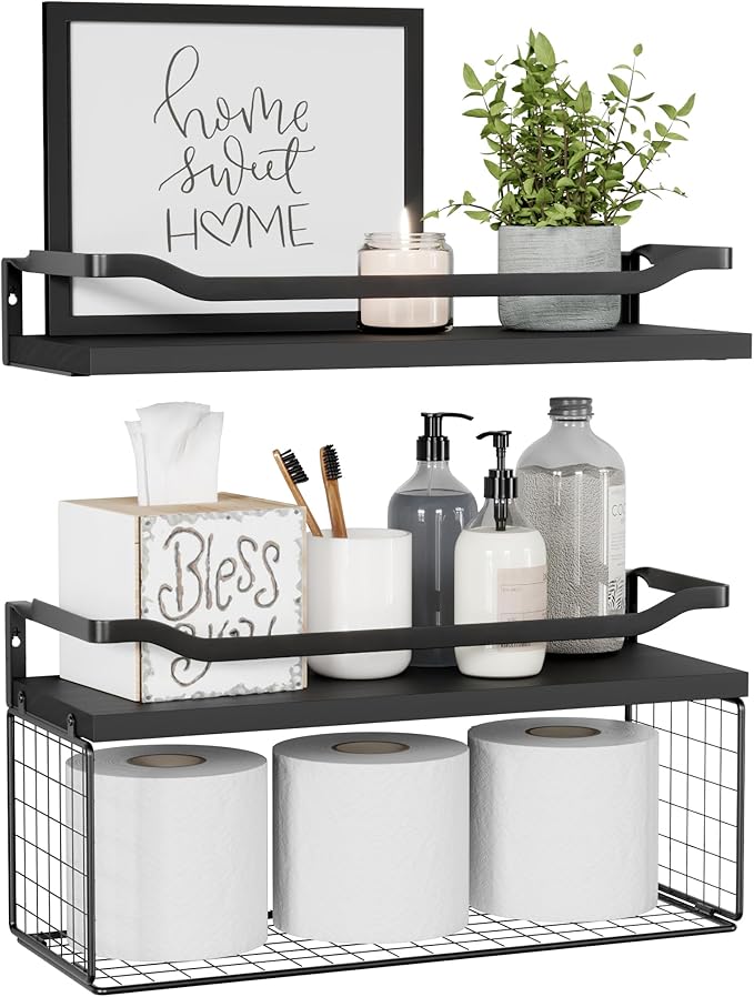 WOPITUES Floating Shelves with Wire Storage Basket, Bathroom Shelves Over Toilet with Protective Metal Guardrail, Wood Wall S