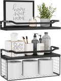 WOPITUES Floating Shelves with Wire Storage Basket, Bathroom Shelves Over Toilet with Protective Metal Guardrail, Wood Wall S