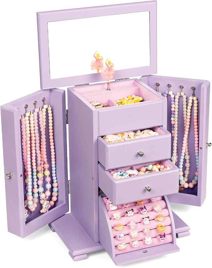 Emfogo Musical Jewelry Box for Girls, Large Kid Music Box with Ballerina for Birthday Bedroom Decor, 5 Layer Girl Jewelry Gif