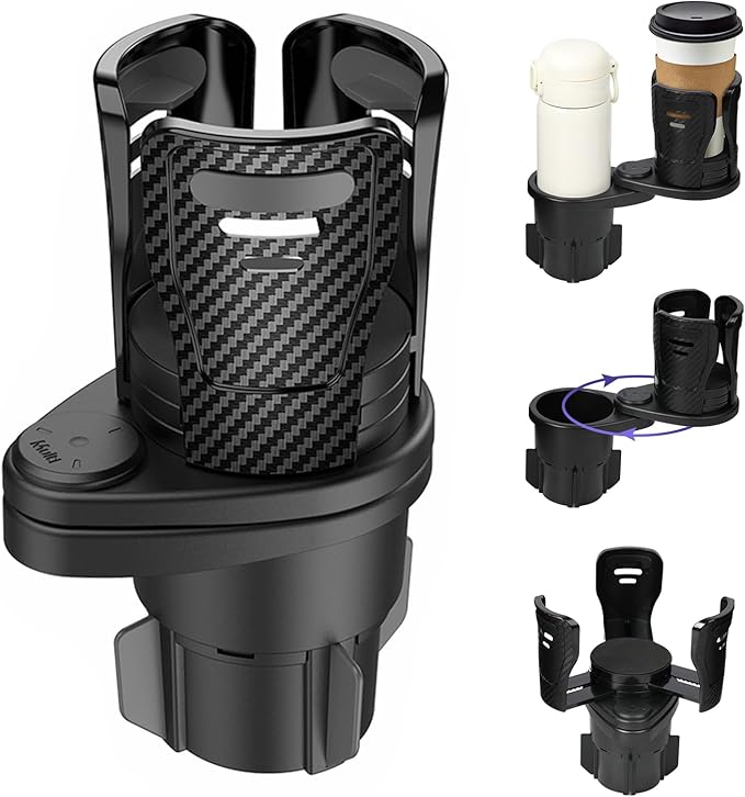 JINKEY Upgrade 2 in 1 Multifunction Cup Holder Extender, 360°Adjustable Rotating Dual Cup Holder Insert for Stanley Car Water Bottle Holder Adapter Carbon Fiber