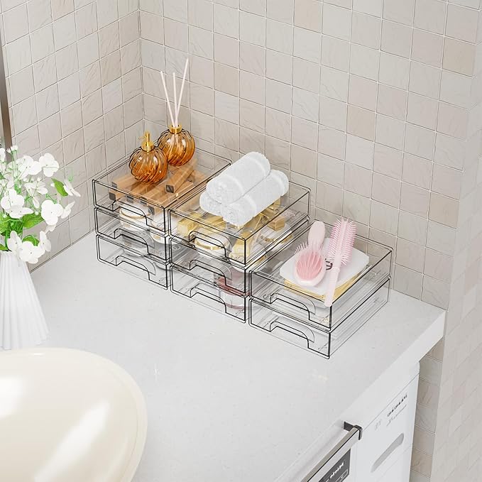 Yieach 12 Pack Clear Stackable Storage Drawers,2.2'' Acrylic Drawer Organizers for Countertop,Office Supply Organizer and Mak