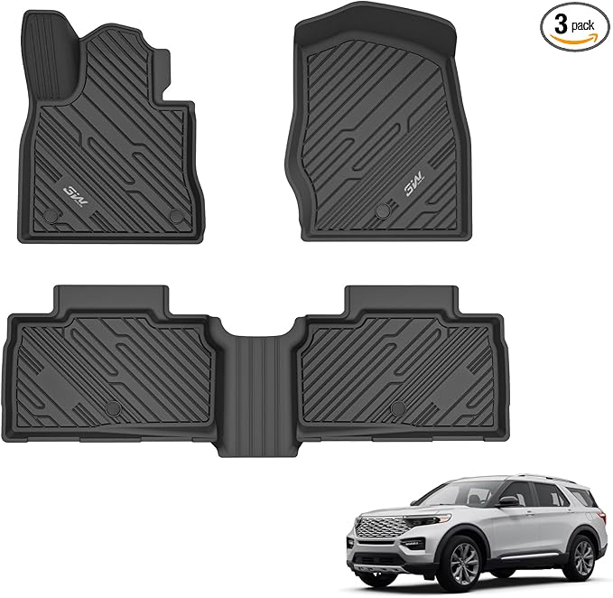 3W Ford Explorer Floor Mats Custom Fit for 2020-2025 2026, All Weather TPE Floor Liner Liner for Ford Explorer Accessories 1st and 2nd Row Car Mats (Includes Explorer Hybrid)