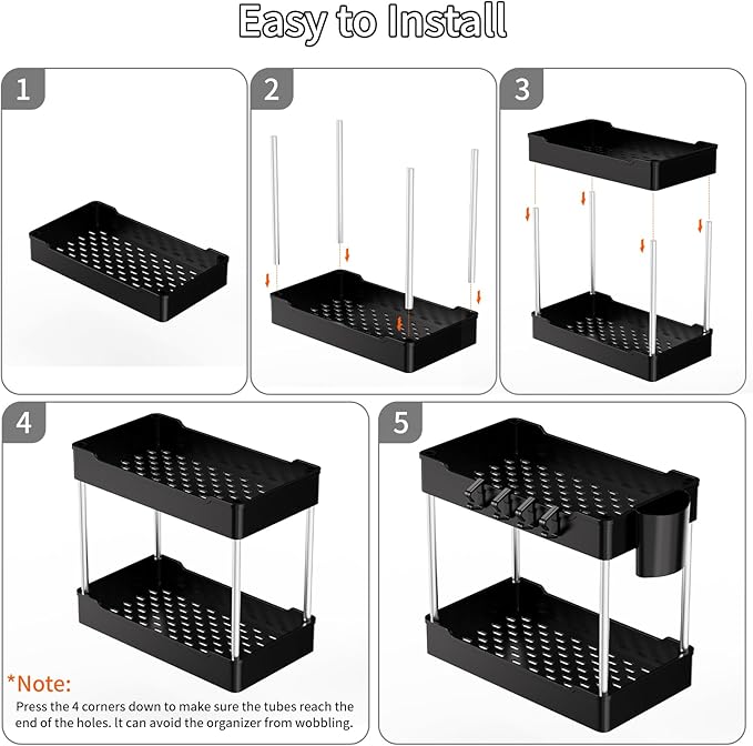 3 Pack Under Sink Organizers and Storage, 2 Tier Bathroom Cabinet Organizer Shelf with Hanging Cups for Kitchen & Bathroom (B