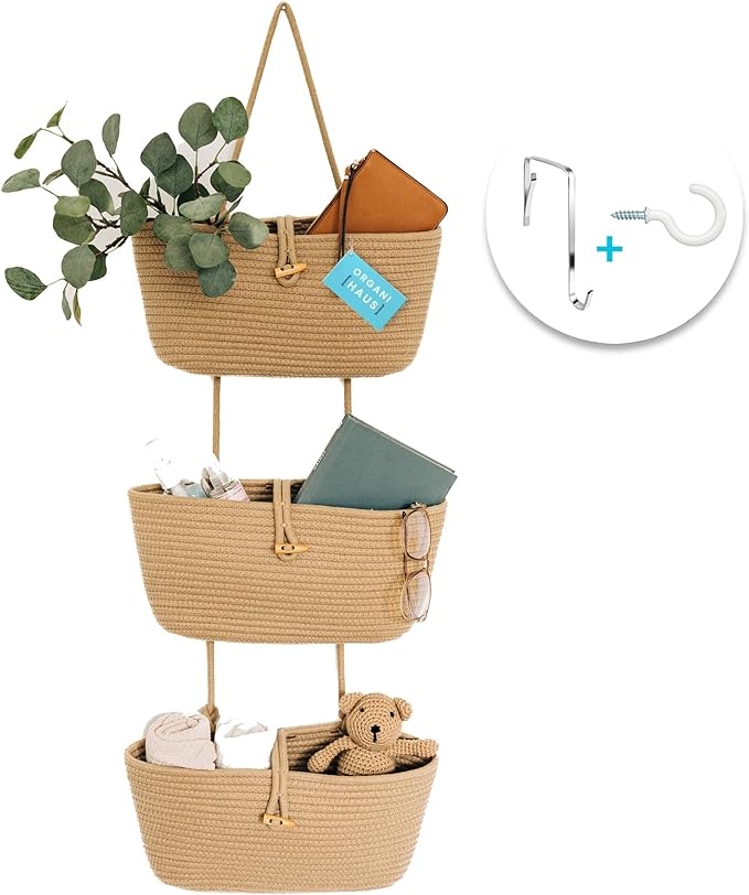 OrganiHaus Over the Door Hanging Basket for Organizing, 3-Tier Hanging Wall Basket for Storage, Boho Nursery Decor for Wall, 