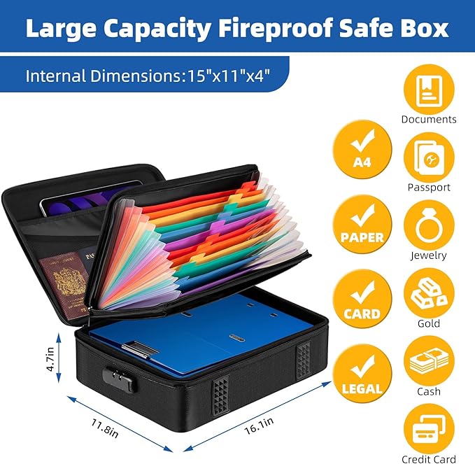 Fireproof Document Box with Lock, Durable Hard Case File Organizer Fire Safe Box, Hard-Shell Design Waterproof Fireproof Safe