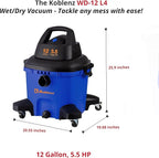 Koblenz Wet-Dry Vacuum, 12 Gallon Tank, 5.5 HP Vacuum Cleaner with 2-1/2" in x 7' Locking Hose, with a Blower Function, Blue/